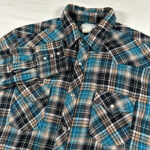 Wrangler Wrancher Mens Large Blue Brown‎ Black Plaid Pearl Snap Flannel Shirt
